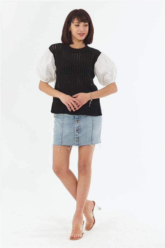 Nisan Poplin Garnili Bluz  SİYAH  TT3436-Z