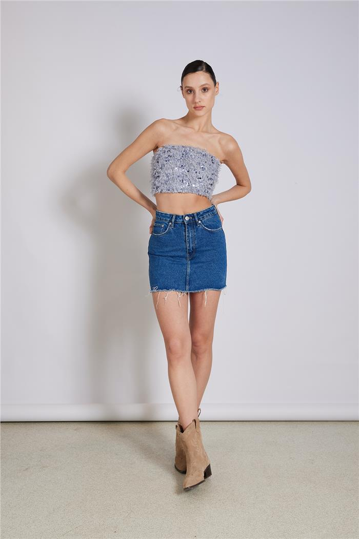 Nisan  PULLU KIRÇILLI STRAPLEZ TOP GRİ N25-2042