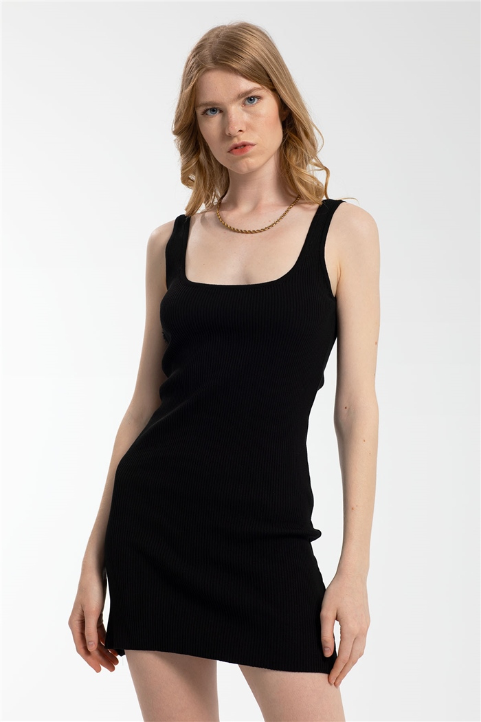 Nisan Sırtı Çaprazlı Dekolteli Triko Elbise  SİYAH  TT3186-Z