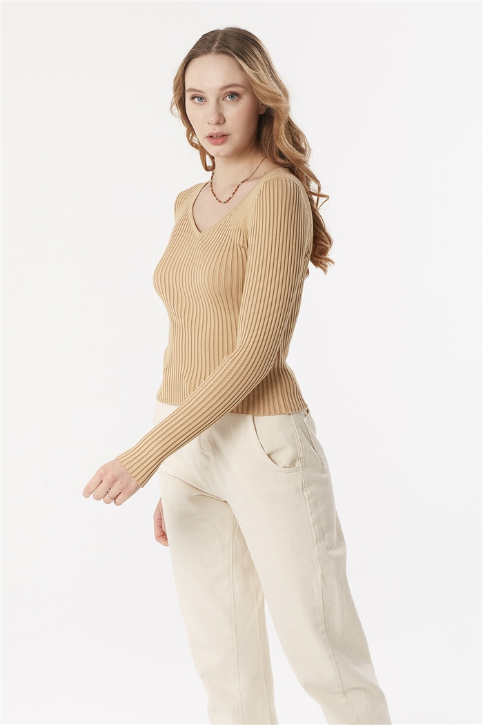 Nisan V Yaka Triko Kazak  CAMEL  TT3413-Z