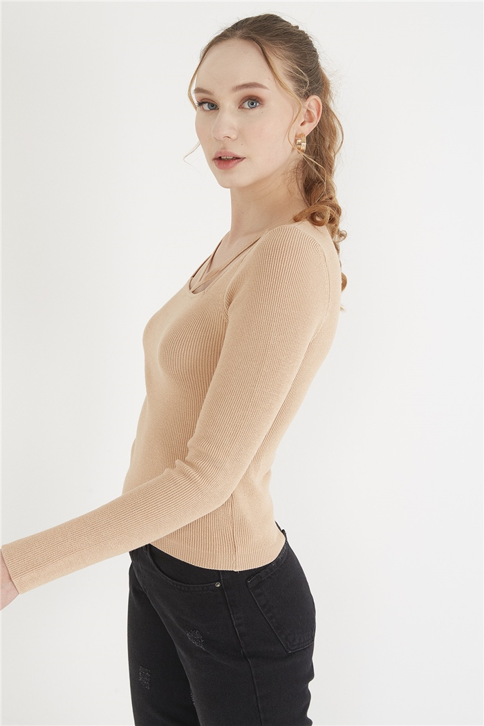 Nisan Yakası Çapraz İpli Triko Kazak  CAMEL  TT3391-Z
