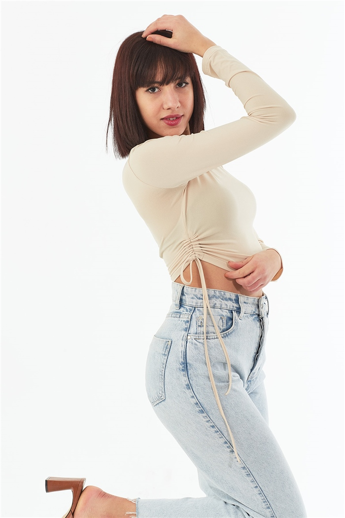 Nisan YAN BİYE DETAYLI BLUZ  BEJ  N22-1353