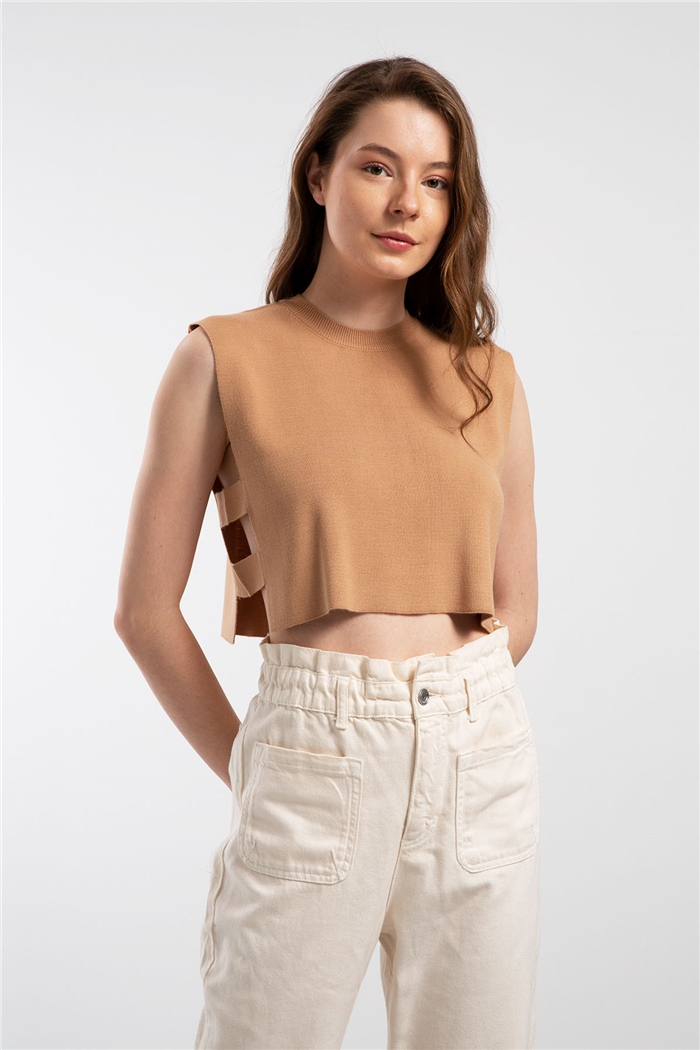 Nisan Yanları Şeritli Triko Bluz  CAMEL  TT2432-S