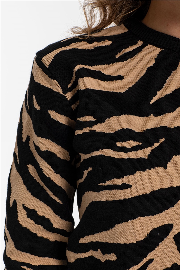 Nisan Zebra Desen Triko Kazak  SİYAH-CAMEL  TT3257-Z