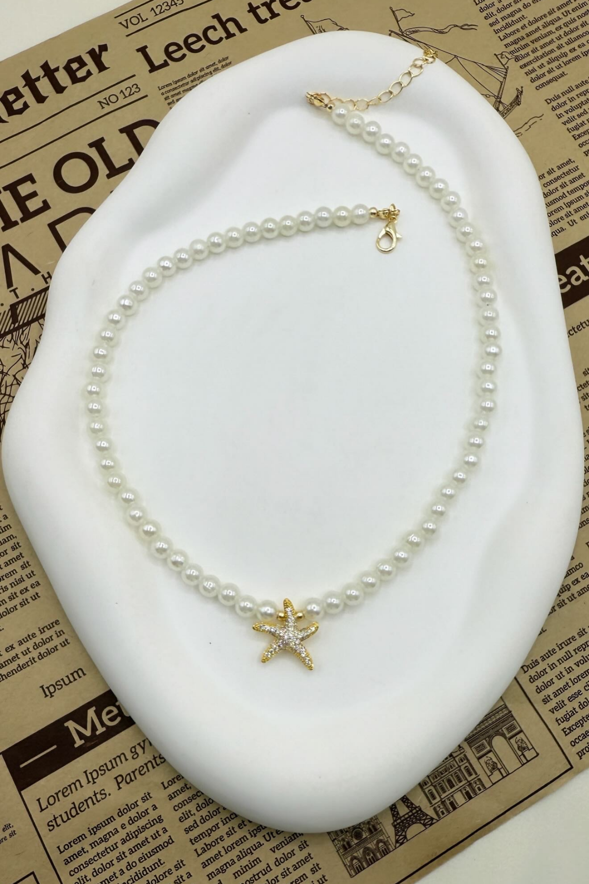 B9DC3387- ZİRKON DENİZ YILDIZI DETAYLI İNCİLİ KOLYE