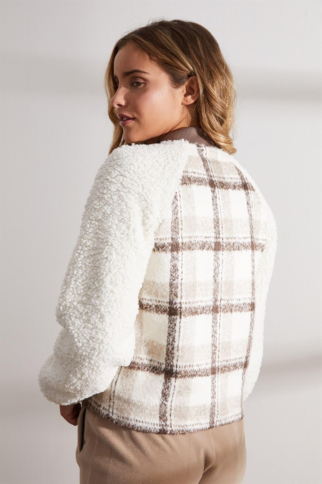 Bej Fermuarlı Ekoseli Cardigan MontST060W8701801