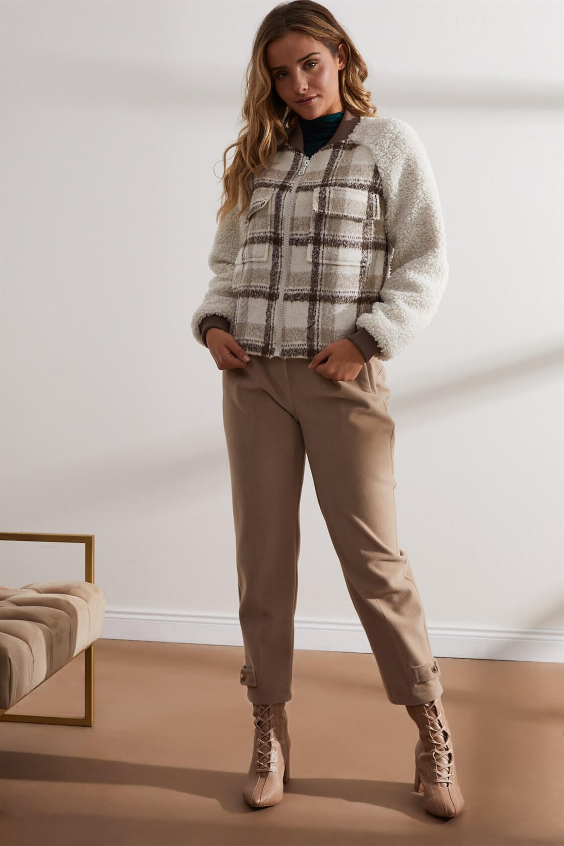 Bej Fermuarlı Ekoseli Cardigan MontST060W8701801