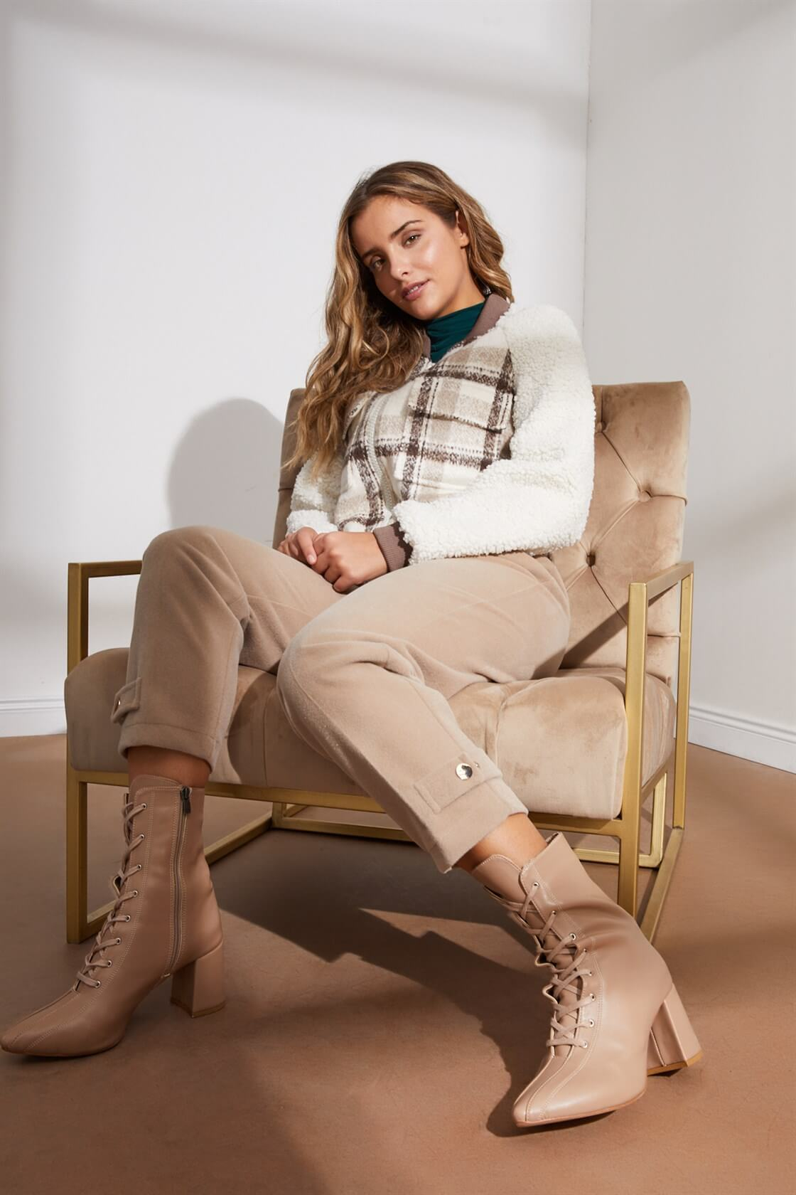 Bej Fermuarlı Ekoseli Cardigan MontST060W8701801