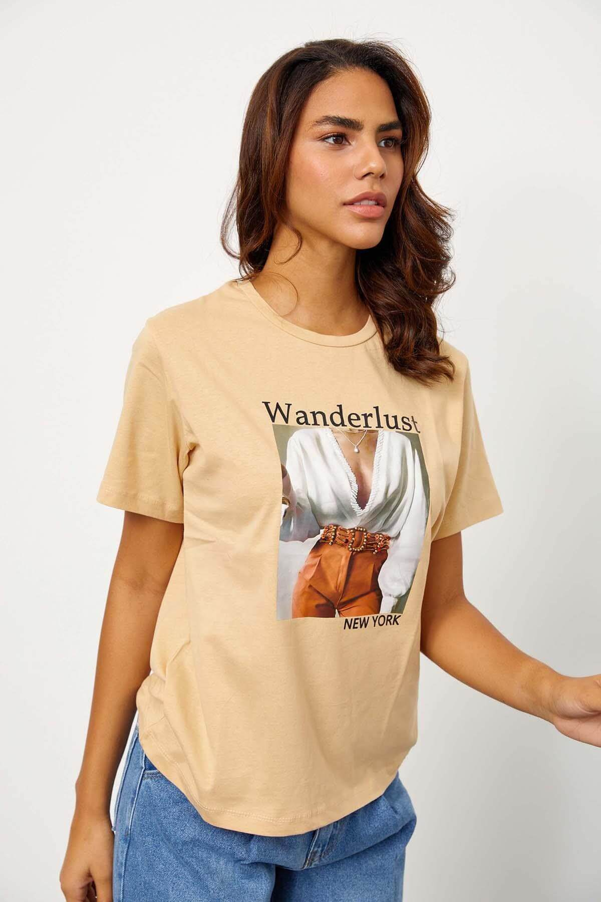 Bej Kısa Kol Baskılı T-ShirtST060S71243003