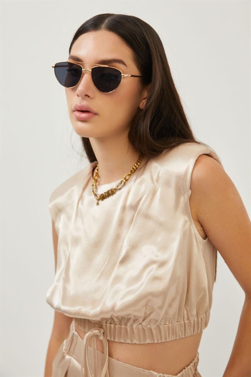 Bej Saten Bağlama Detaylı Crop Bluz Pantolon TakımST060S30713002