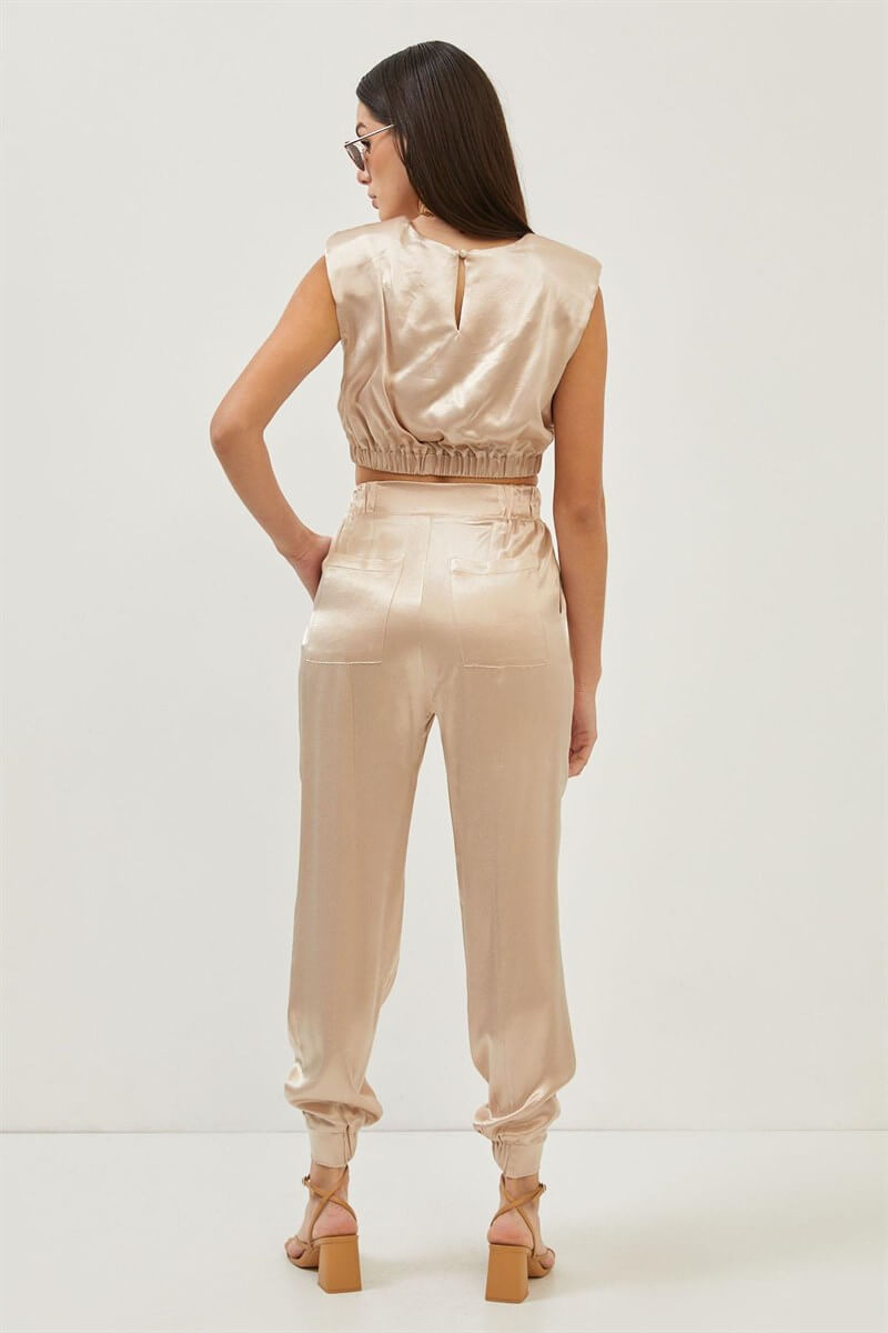 Bej Saten Bağlama Detaylı Crop Bluz Pantolon TakımST060S30713002