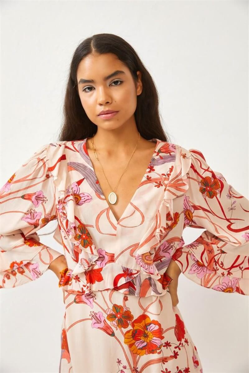 Bej Uzun Kol Floral Desenli Midi ElbiseST060S40123401