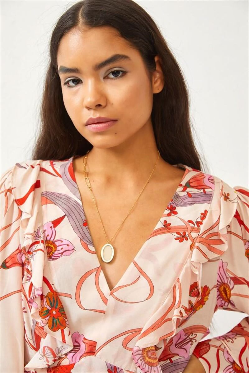 Bej Uzun Kol Floral Desenli Midi ElbiseST060S40123401