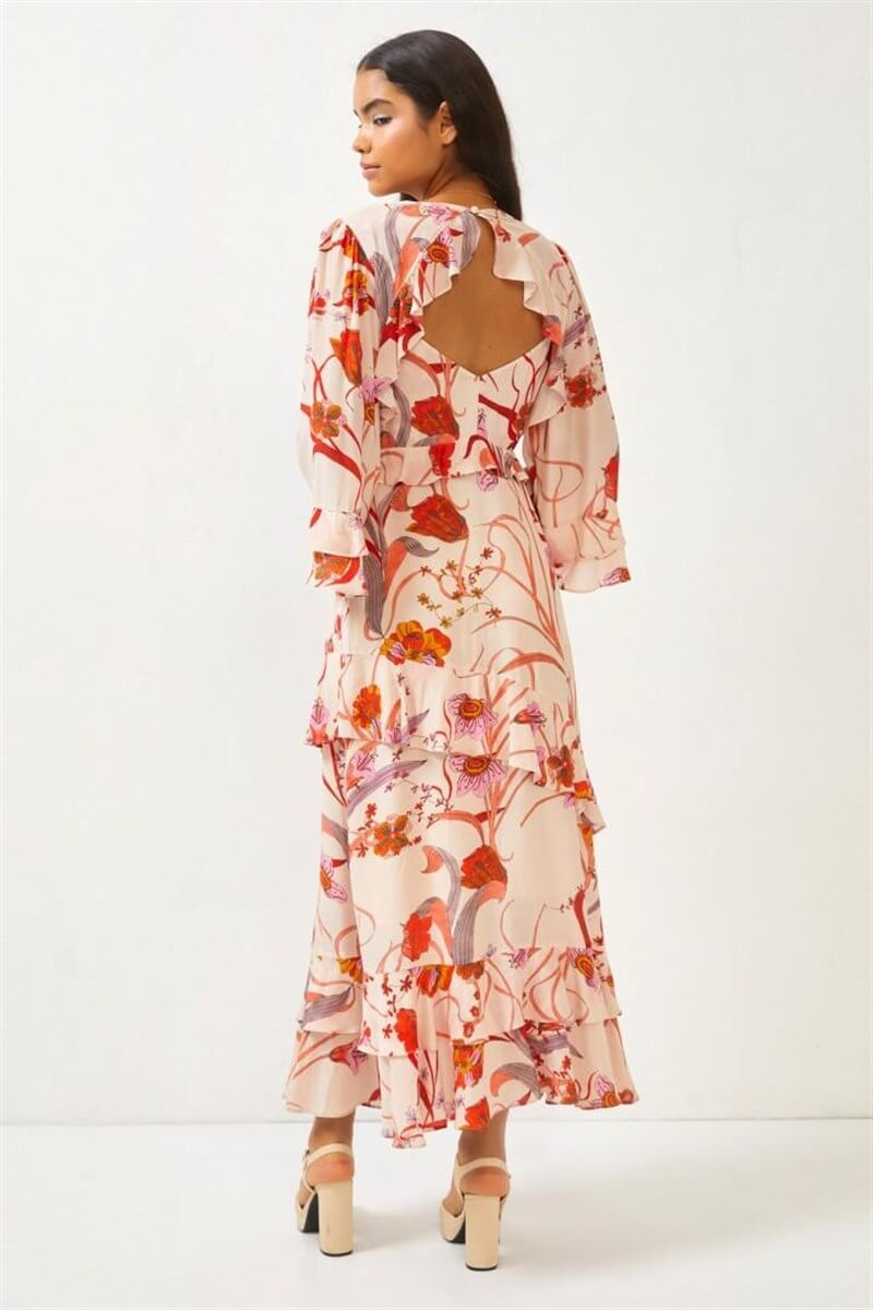 Bej Uzun Kol Floral Desenli Midi ElbiseST060S40123401