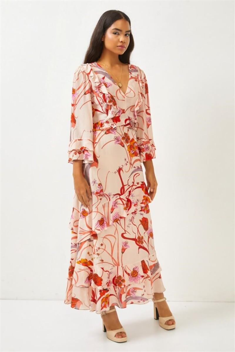 Bej Uzun Kol Floral Desenli Midi ElbiseST060S40123401