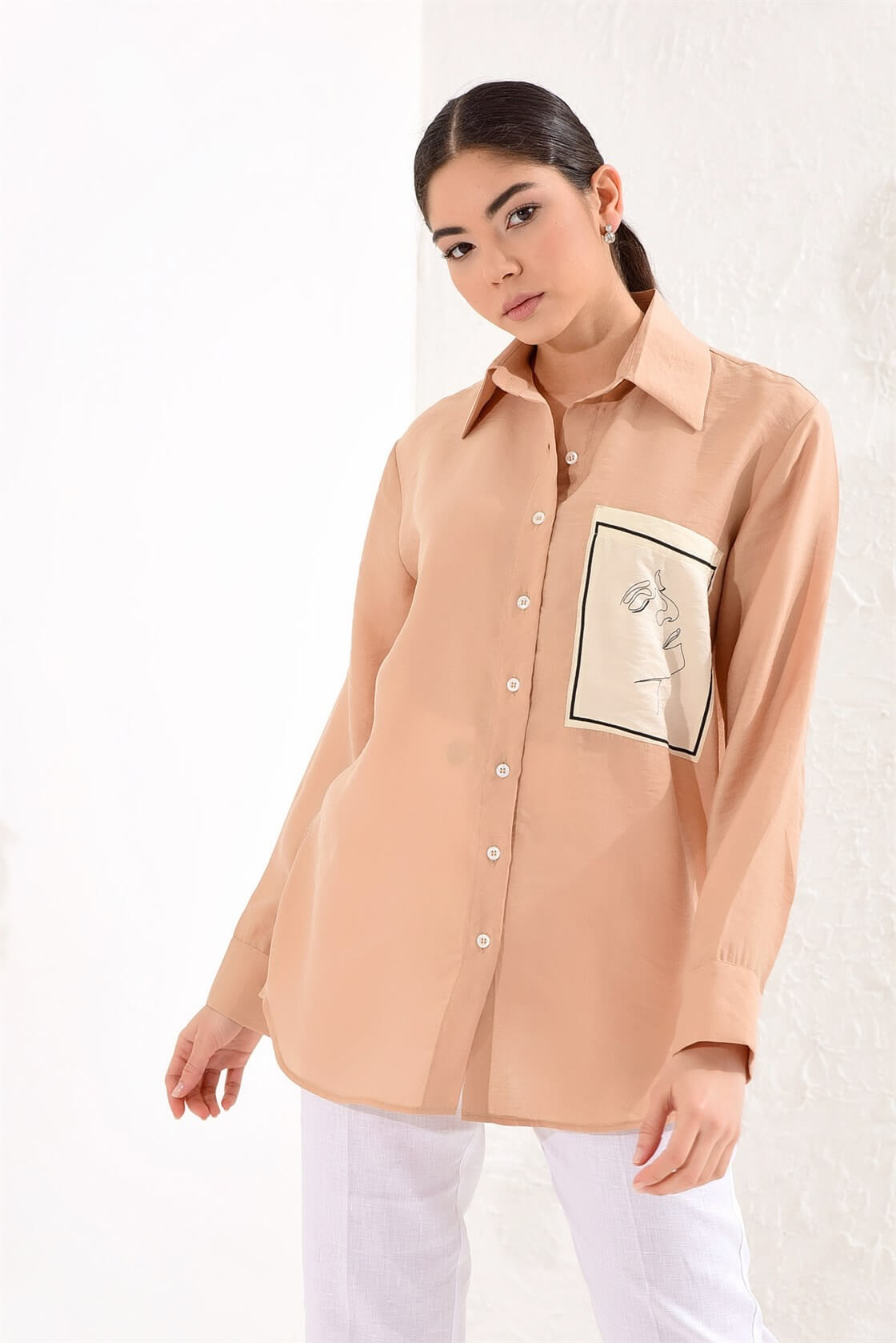 Bej Yaka Uzun Kol Baskılı Basen Kapatan Boy TunikST050S5510401