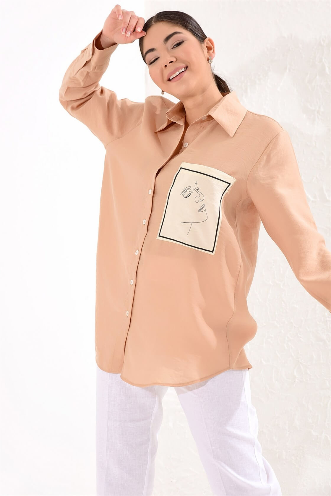 Bej Yaka Uzun Kol Baskılı Basen Kapatan Boy TunikST050S5510401