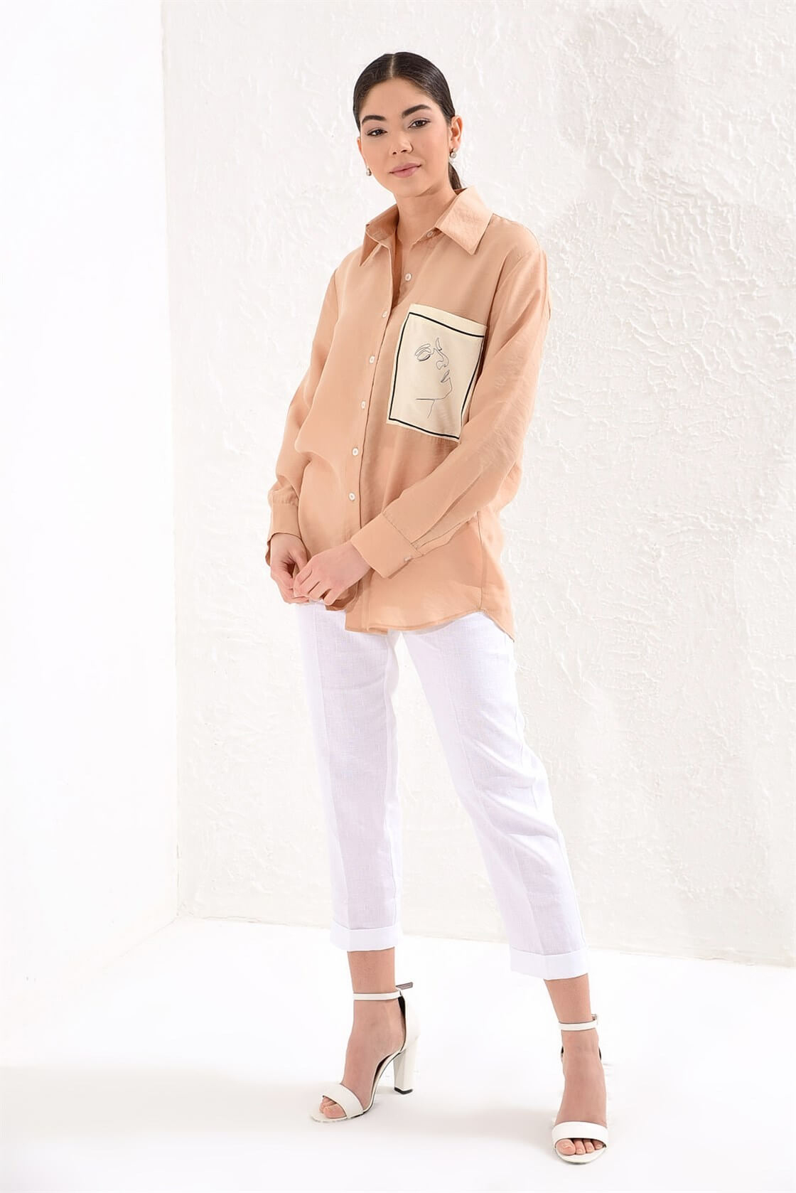 Bej Yaka Uzun Kol Baskılı Basen Kapatan Boy TunikST050S5510401