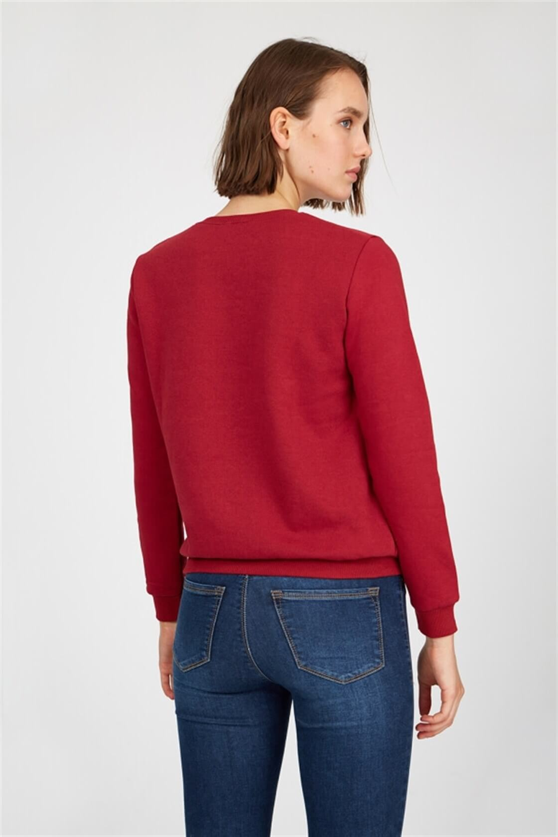 Bordo Bisiklet Yaka Nakışlı SweatshirtST040W7200801