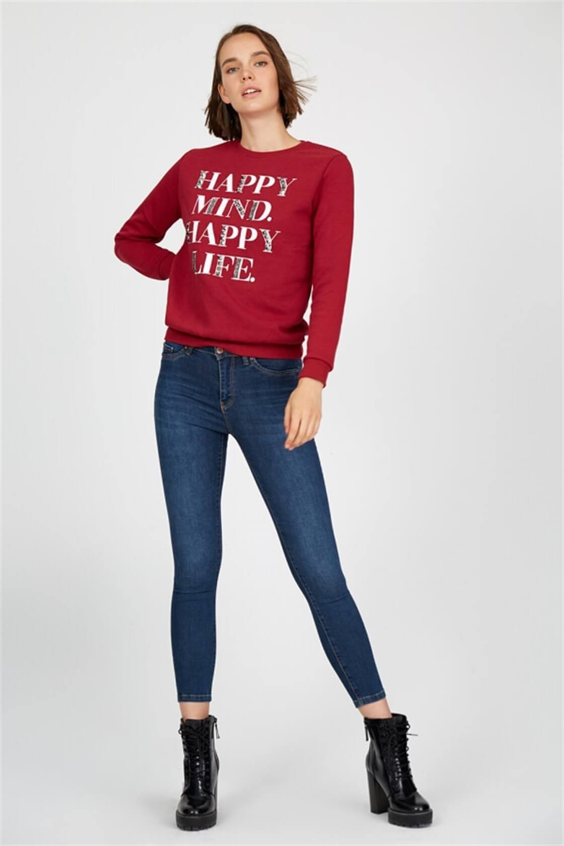 Bordo Bisiklet Yaka Nakışlı SweatshirtST040W7200801