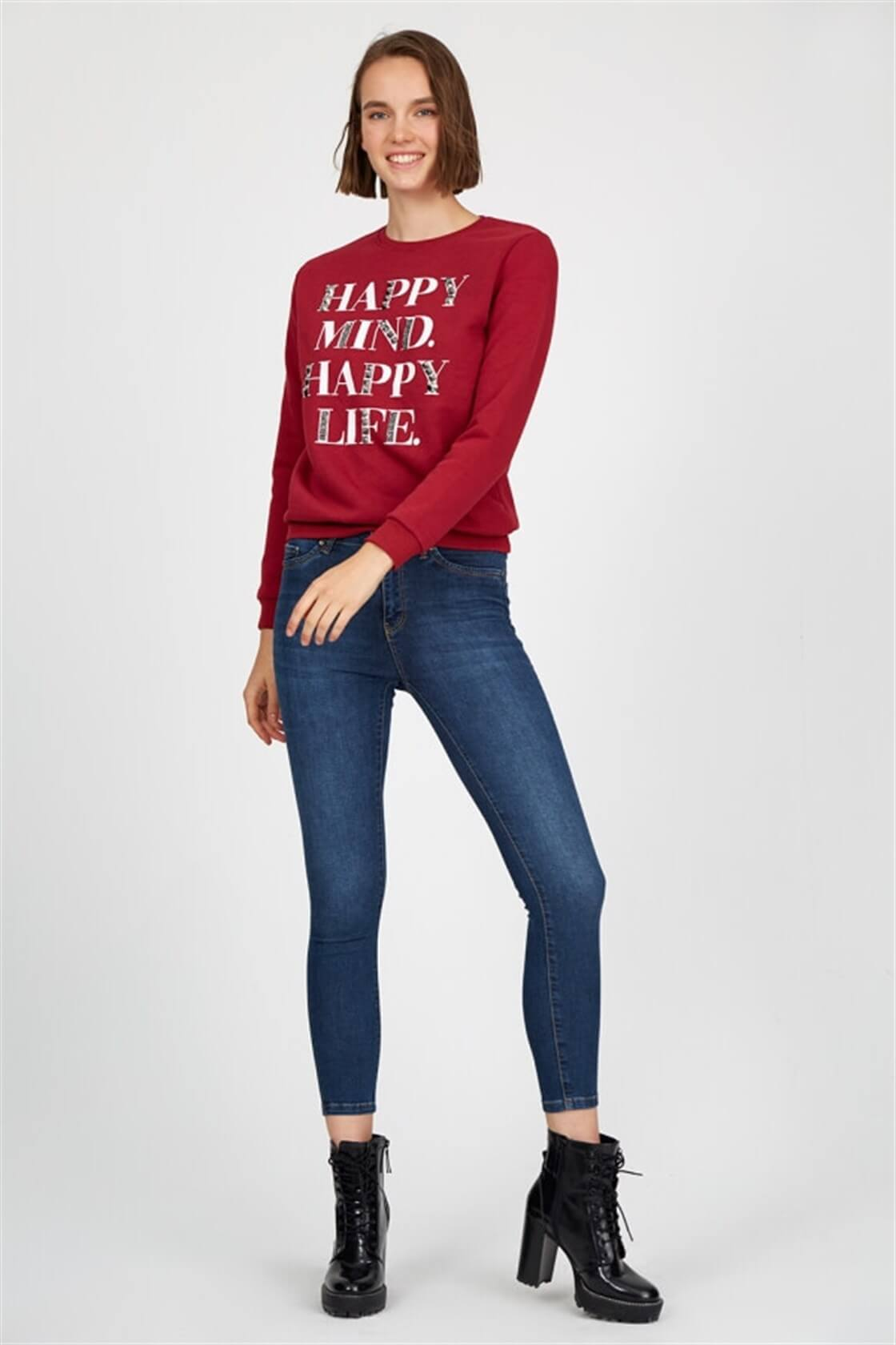 Bordo Bisiklet Yaka Nakışlı SweatshirtST040W7200801