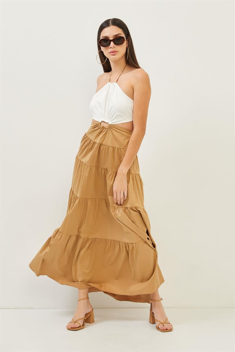 Camel-Yeşil Çift Renkli Cut Out Detaylı Katlı Maxi Boy ElbiseST070S40159901