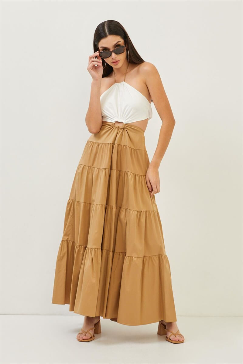 Camel-Yeşil Çift Renkli Cut Out Detaylı Katlı Maxi Boy ElbiseST070S40159901