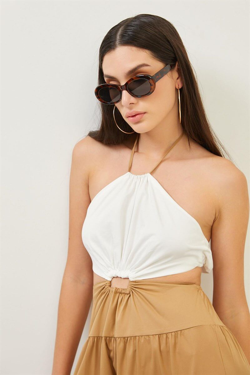 Camel-Yeşil Çift Renkli Cut Out Detaylı Katlı Maxi Boy ElbiseST070S40159901