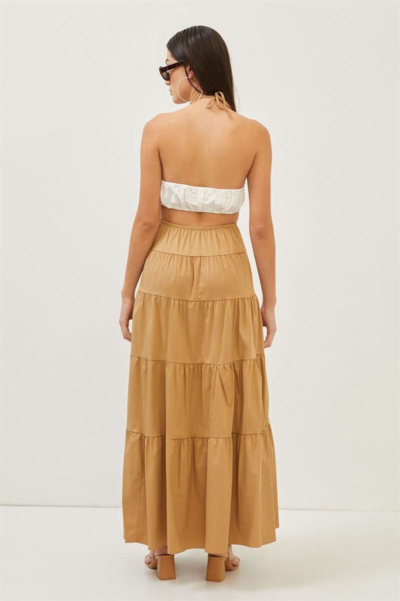Camel-Yeşil Çift Renkli Cut Out Detaylı Katlı Maxi Boy ElbiseST070S40159901