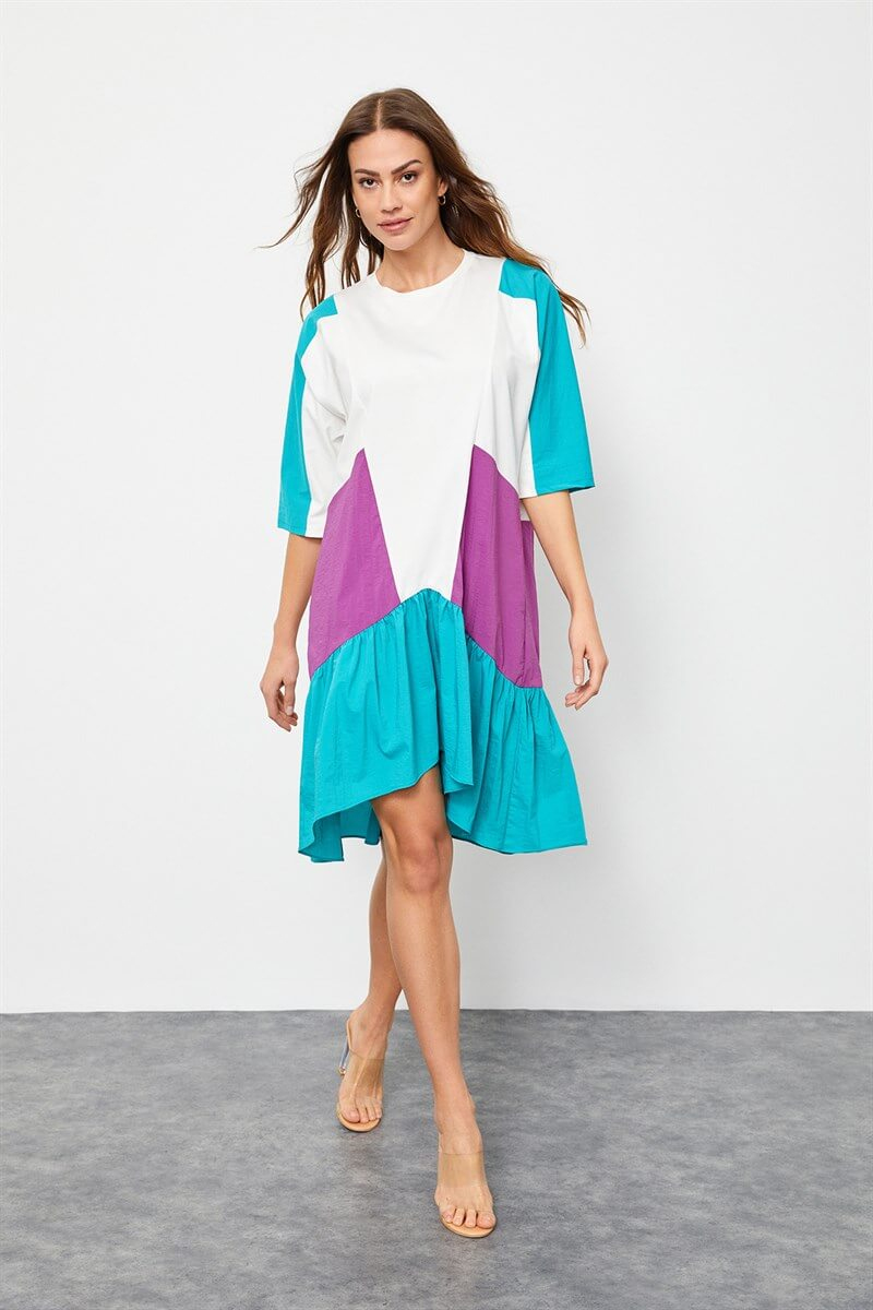 Ekru-Atlantis Color Block Rahat Kesim ElbiseST060S4010041