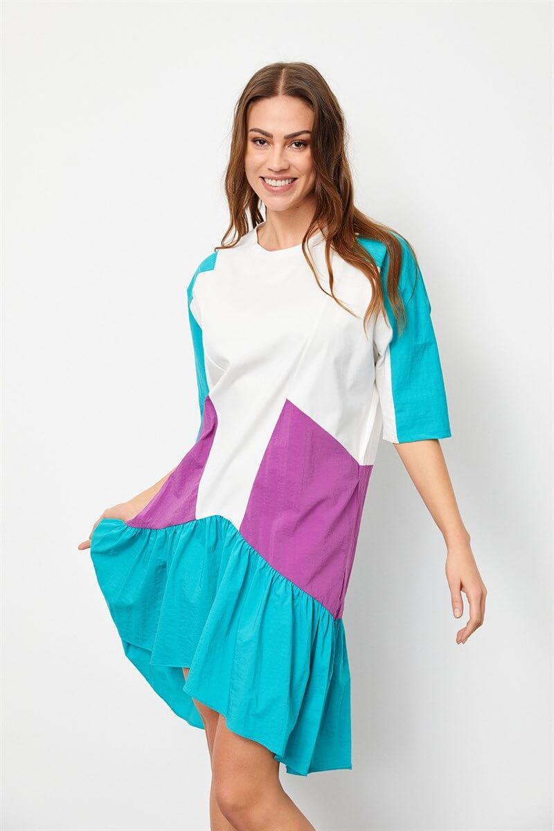 Ekru-Atlantis Color Block Rahat Kesim ElbiseST060S4010041