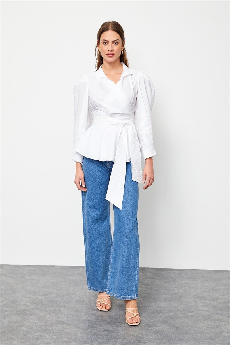 Ekru Bağcık Detaylı Poplin BluzST060S3051901