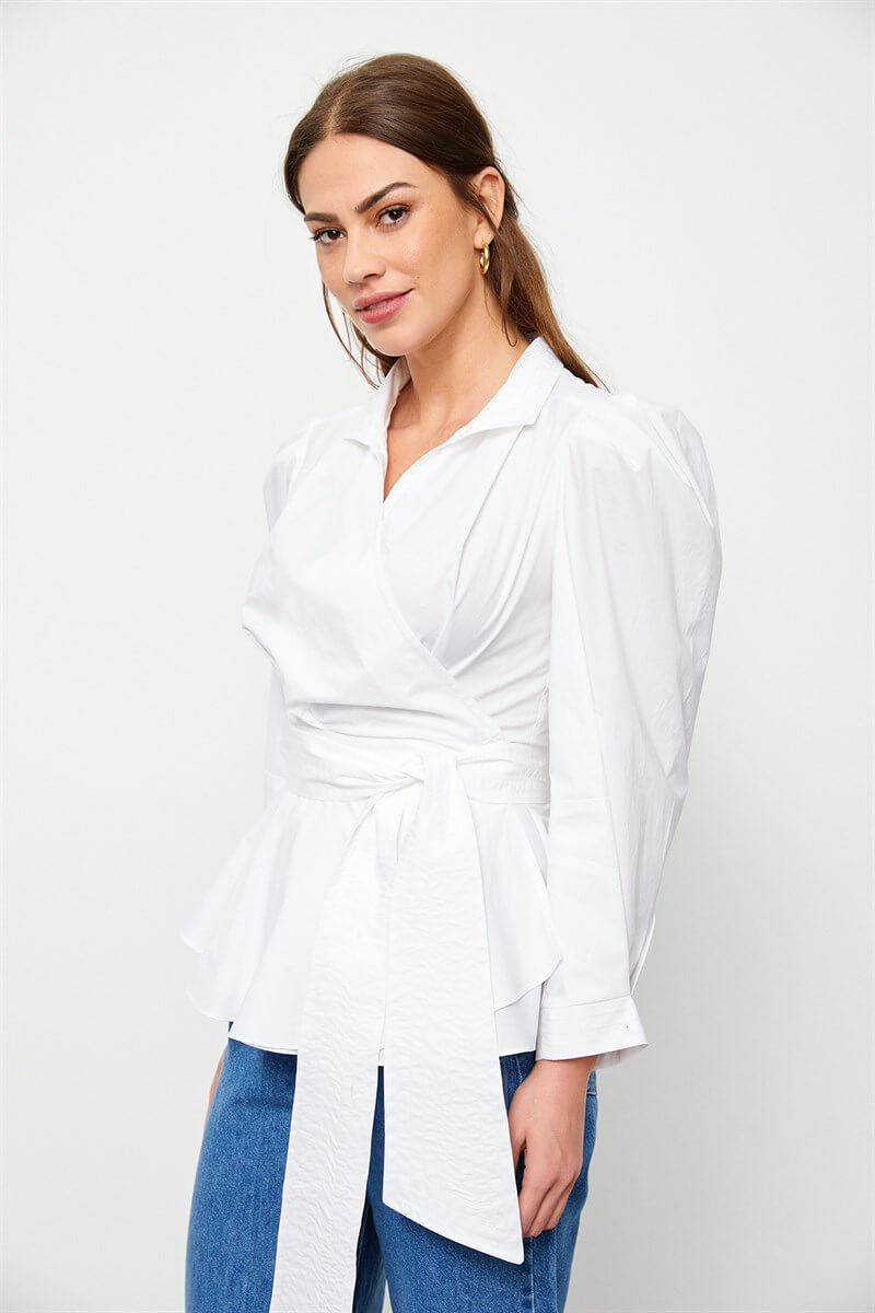 Ekru Bağcık Detaylı Poplin BluzST060S3051901