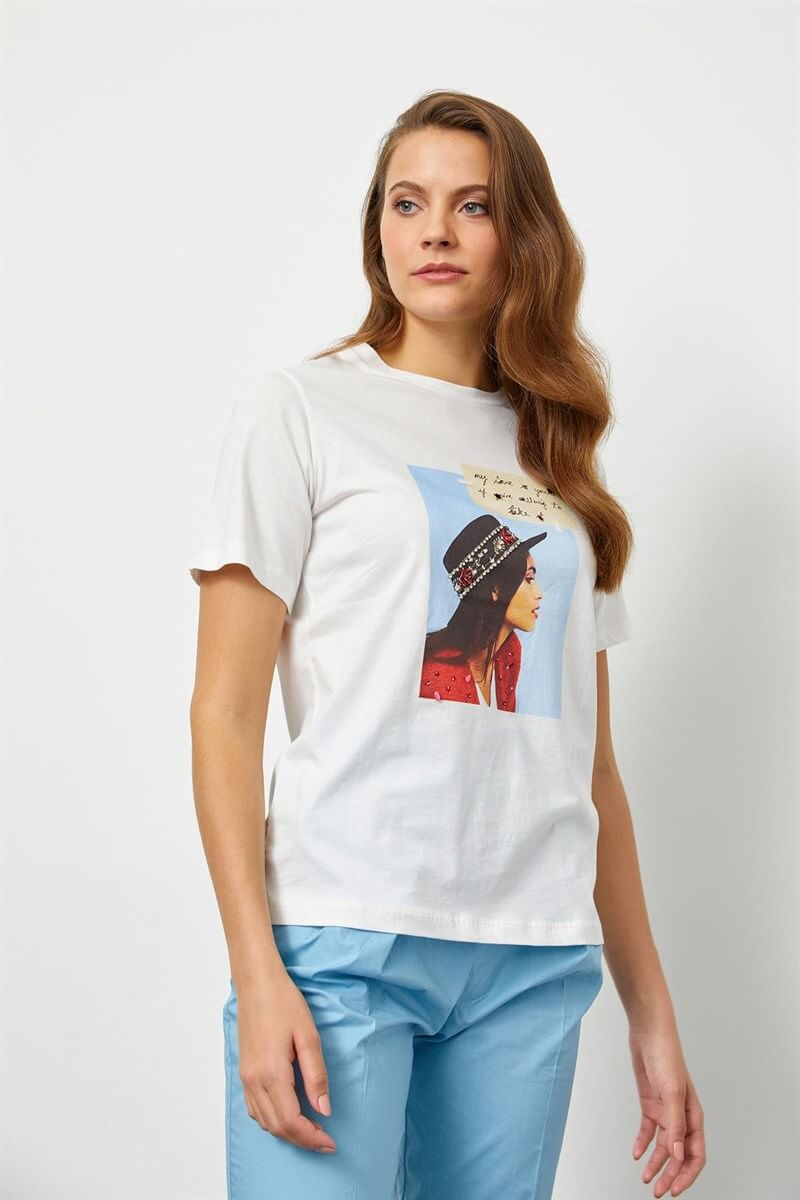Ekru Baskılı Kısa Kol T-ShirtST060S71183007