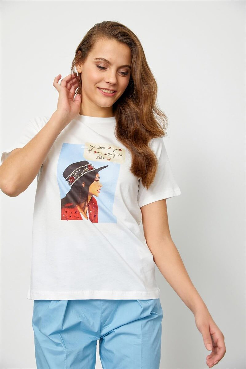 Ekru Baskılı Kısa Kol T-ShirtST060S71183007