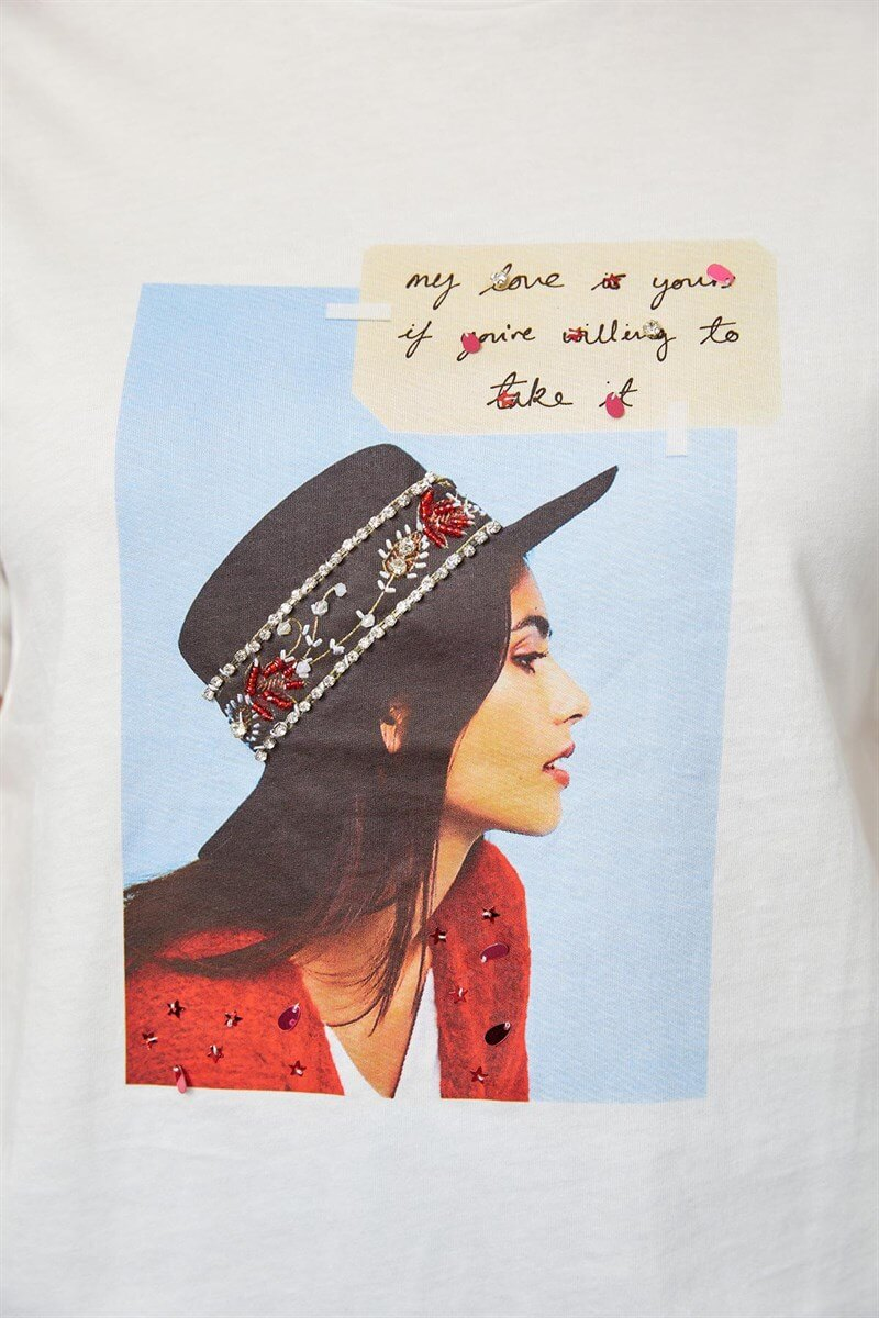 Ekru Baskılı Kısa Kol T-ShirtST060S71183007