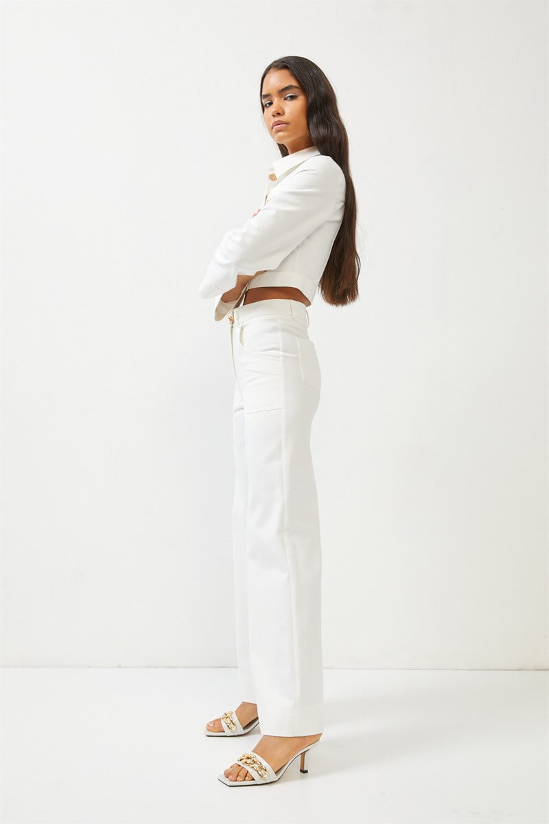 Ekru Gold Aksesuar Detaylı Yüksek Bel Wide Leg JeanST070S20697001