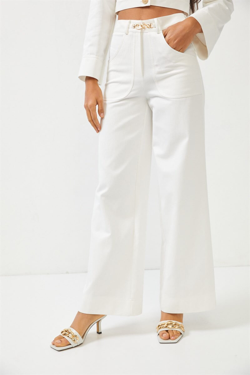 Ekru Gold Aksesuar Detaylı Yüksek Bel Wide Leg JeanST070S20697001