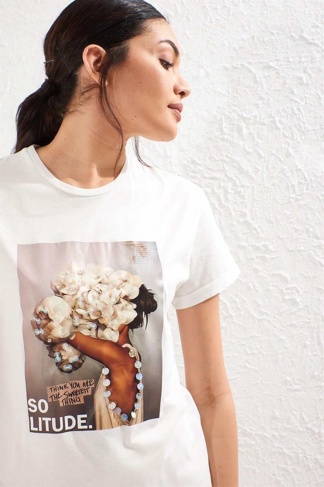 Ekru Kısa Kol Bisiklet Yaka Baskılı T-ShirtST050S7112803