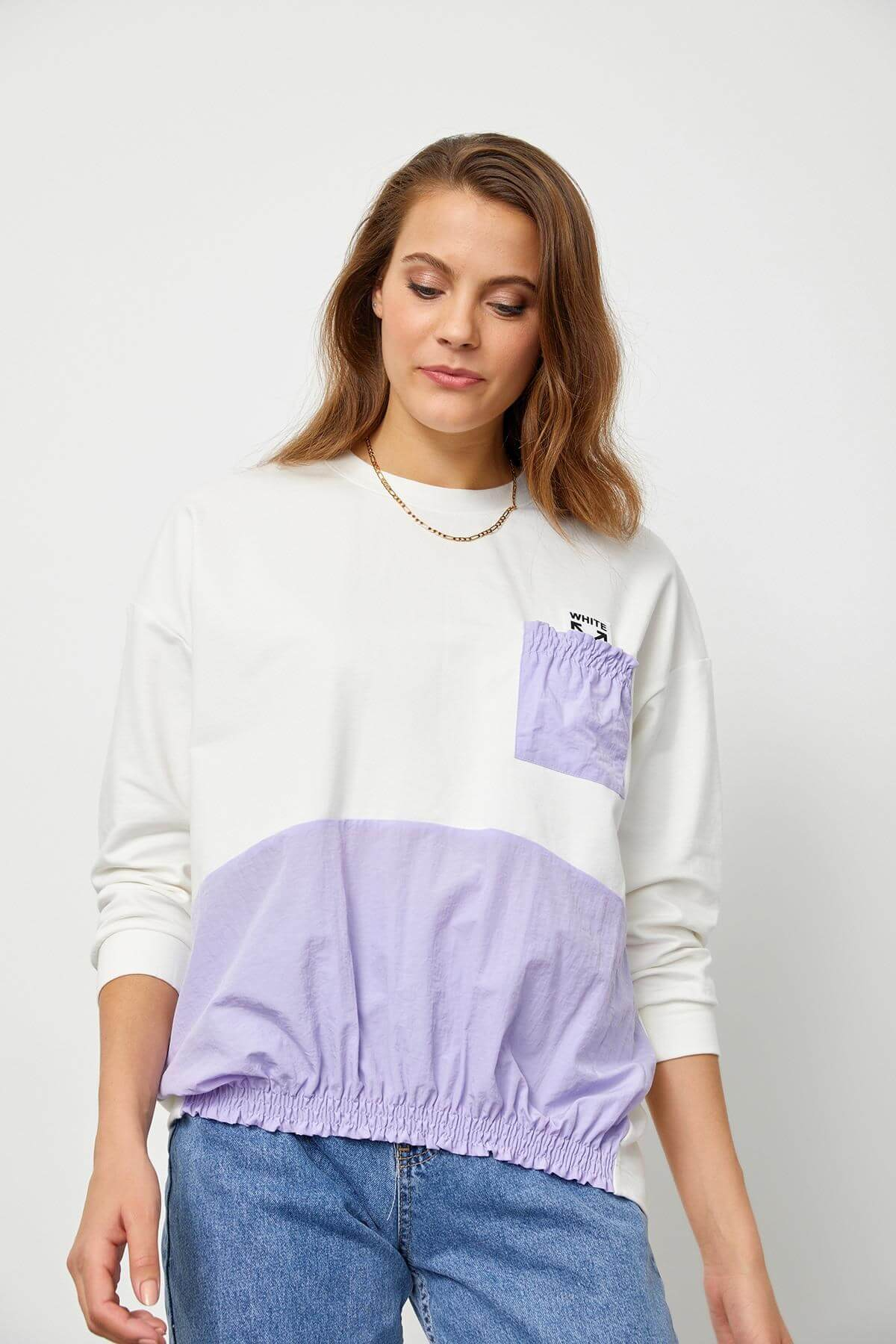 Ekru-Lila Biisklet Yaka Color Block SweatshirtST060S72080001