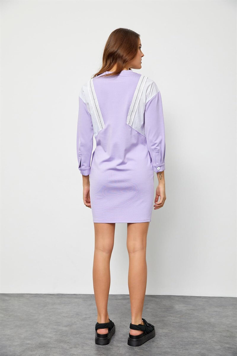 Ekru-Lila Rayon Color Block Rahat Kesim ElbiseST050S40105701