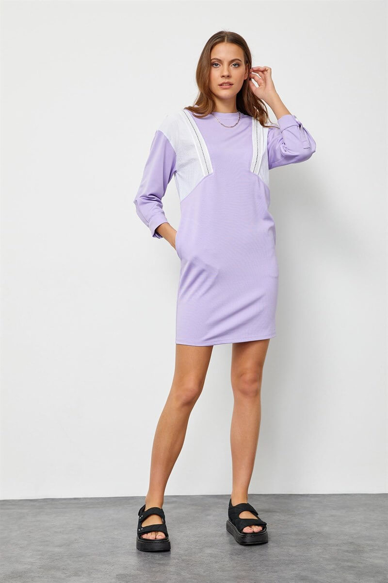 Ekru-Lila Rayon Color Block Rahat Kesim ElbiseST050S40105701