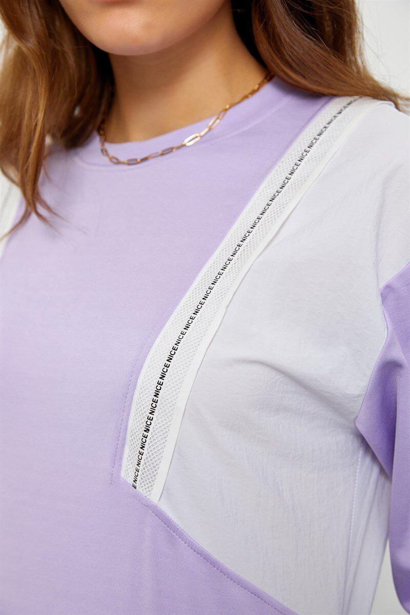 Ekru-Lila Rayon Color Block Rahat Kesim ElbiseST050S40105701