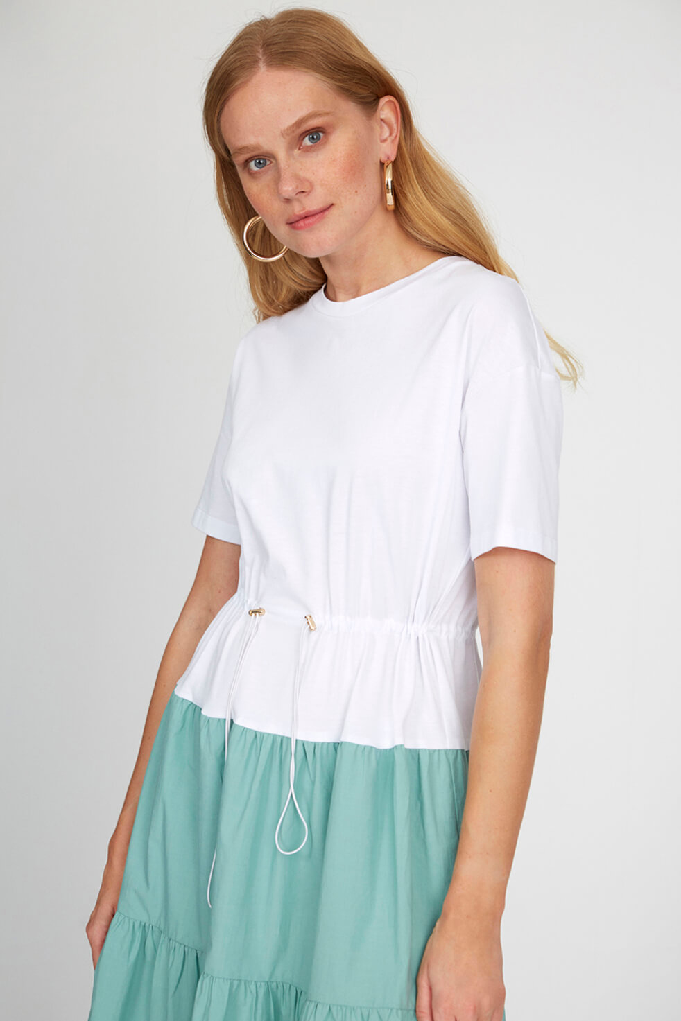 Ekru-Mint Kısa Kol Midi ElbiseST050S4050401