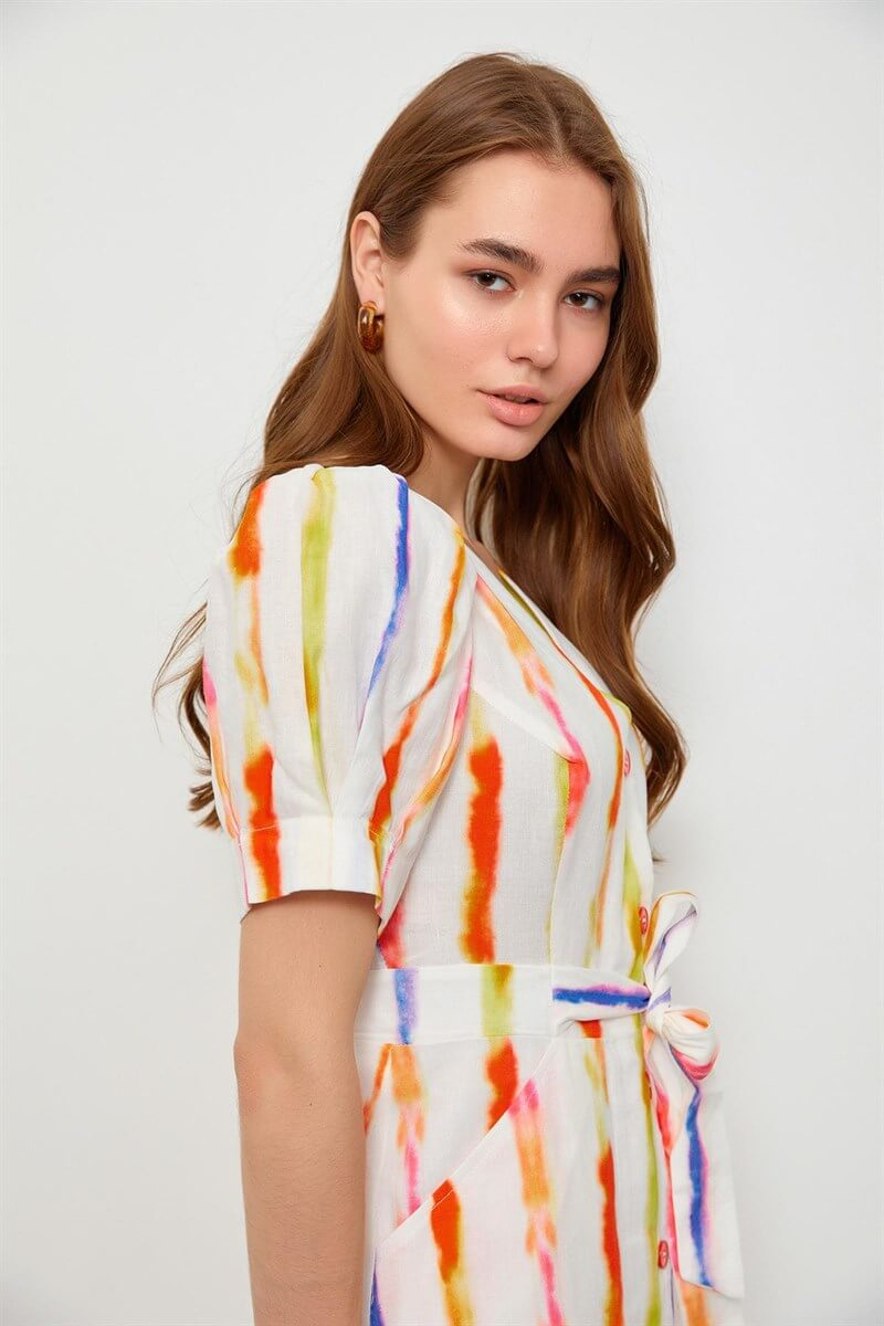 Ekru-Sarı Keten Batik Kemerli ElbiseST060S4010211