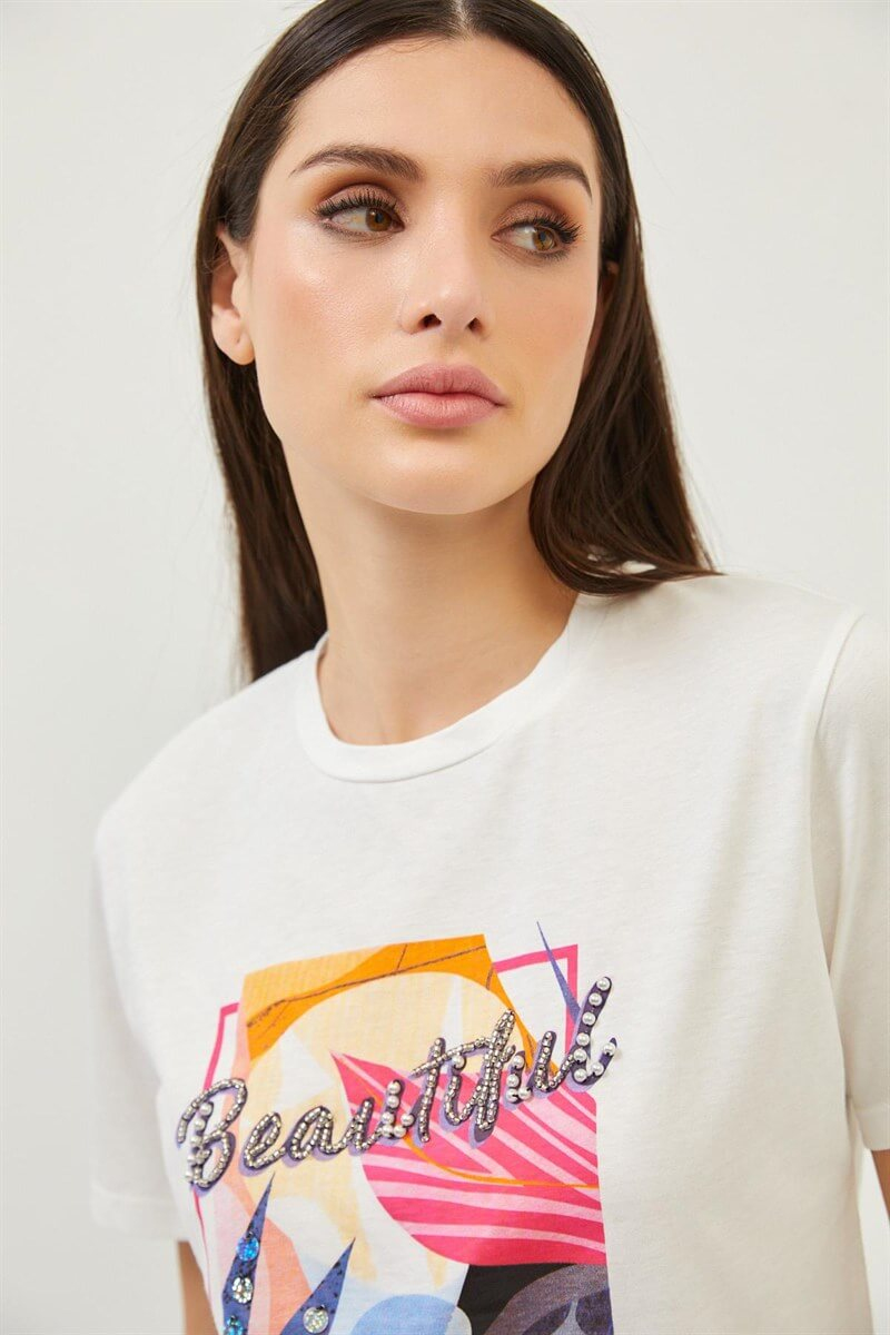 Ekru Slogan Baskı Detaylı Bisiklet Yaka T-ShirtST070S71288001