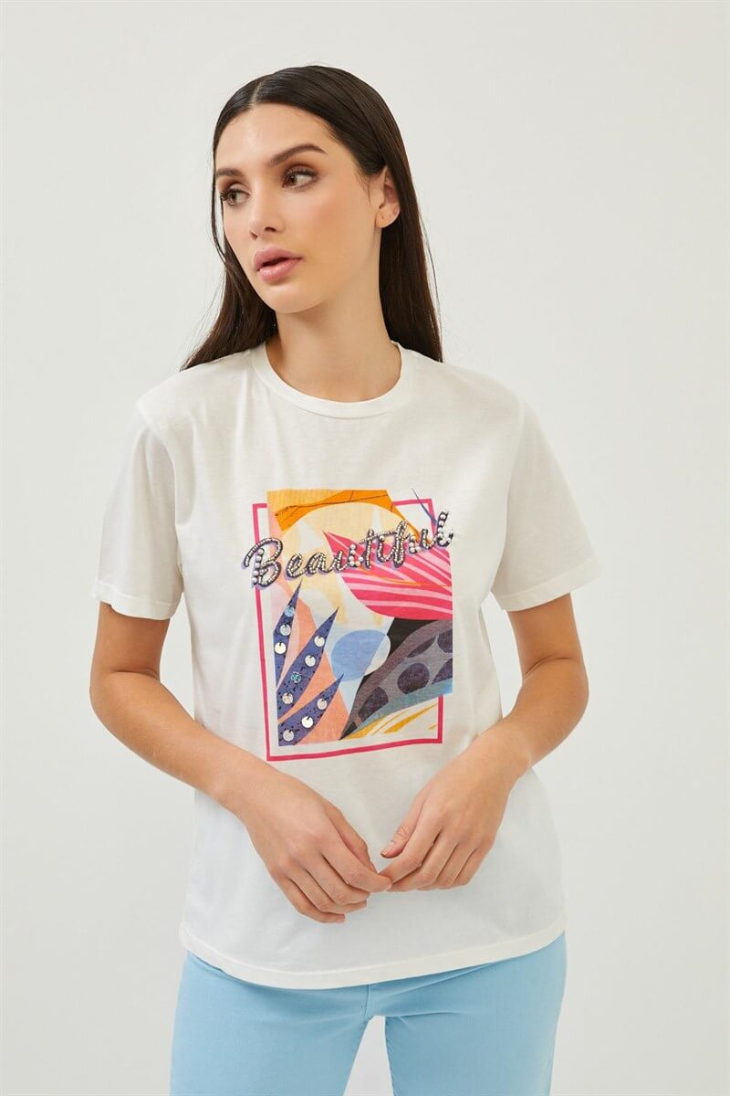 Ekru Slogan Baskı Detaylı Bisiklet Yaka T-ShirtST070S71288001