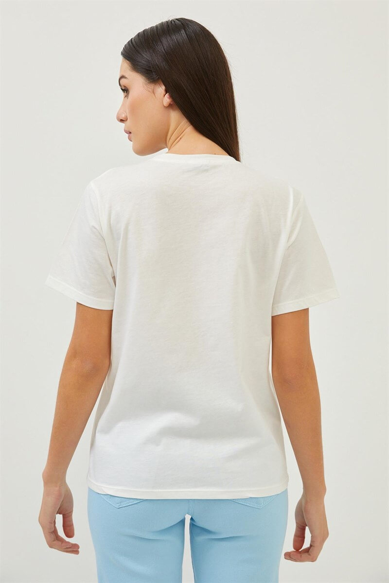Ekru Slogan Baskı Detaylı Bisiklet Yaka T-ShirtST070S71288001