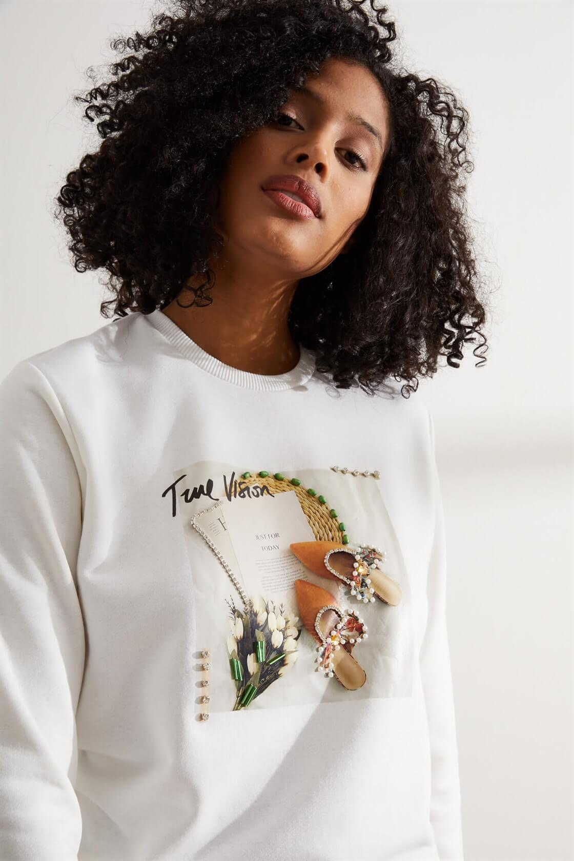 Ekru Time Vision Slogan Baskılı SweatshirtST060W7208101