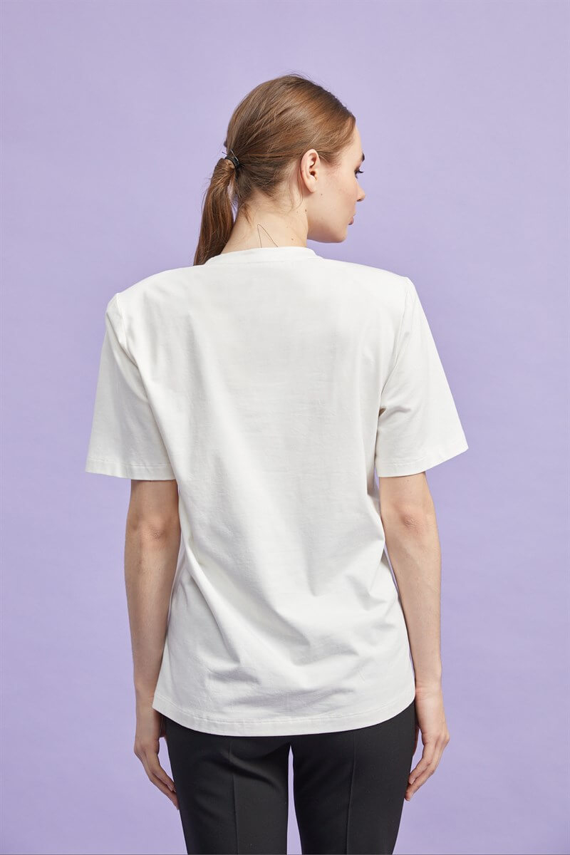 Ekru Vatkalı Kısa Kol T-ShirtST060W71239002